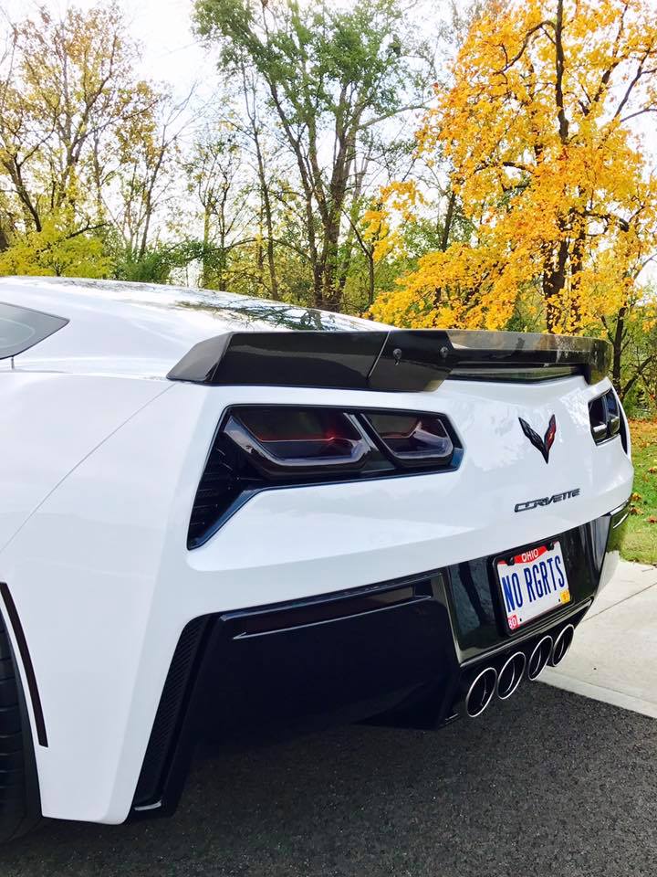 C7 Corvette Stingray Z06 style Carbon Fiber Rear Spoiler installed on car 