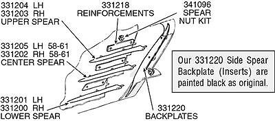 1958-1961 C1 Corvette Side Spear Backplate Inserts Pair Black