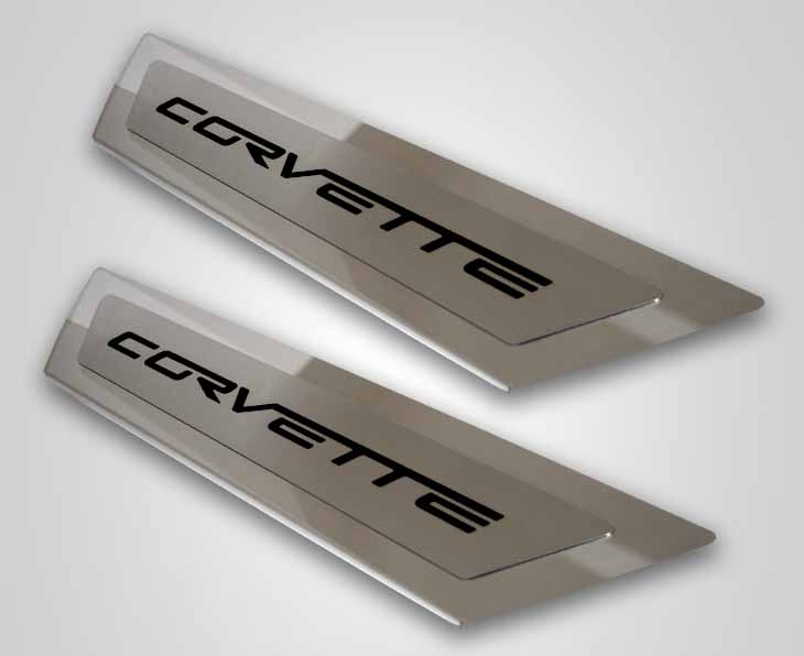 2005-2013 C6 Corvette Outer Door Sills 'Corvette' Inlay 2pc - Polished Stainless & Carbon Fiber