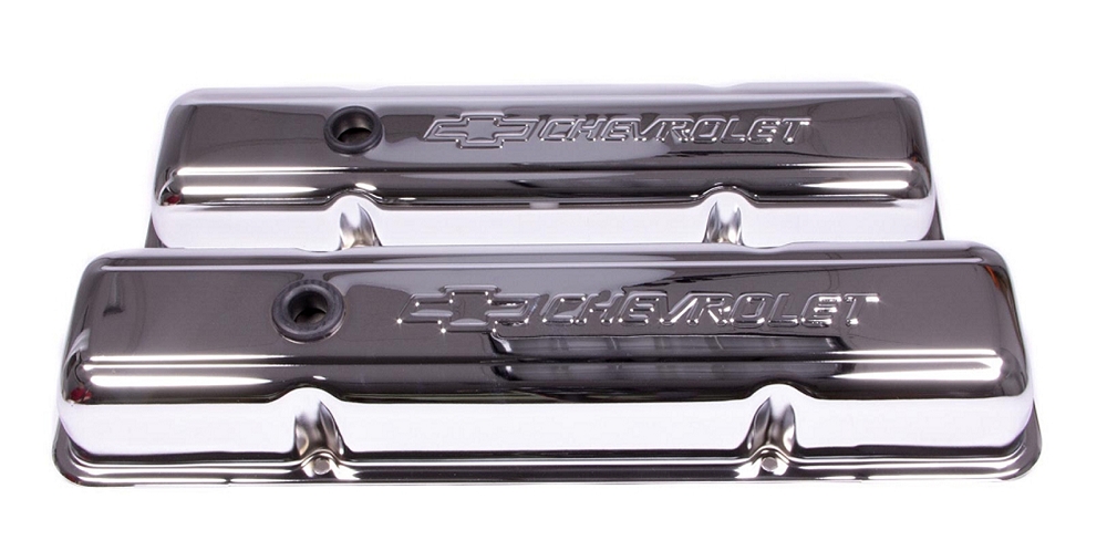 1968-1986 C4 Corvette Proform Small Block Chrome Valve Covers - Short - Chevrolet & Bowtie Embossed