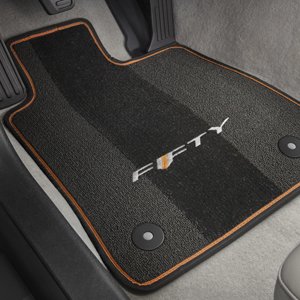2016-2017 Camaro Premium Carpet Floor Mats FIFTY Logo Gray with Ignite Orange binding