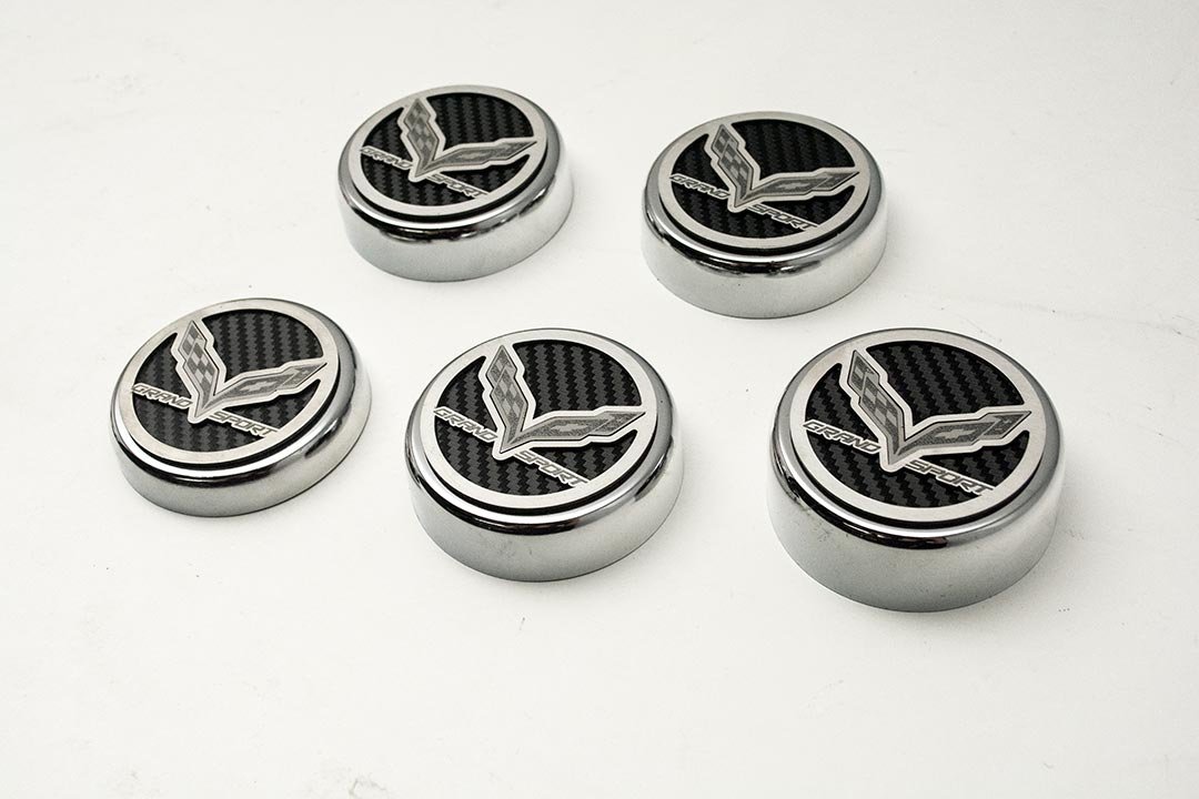 2017 C7 Corvette Grand Sport Fluid Cap Cover Set Grand Sport Crossed Flag Etched 5pc-2018