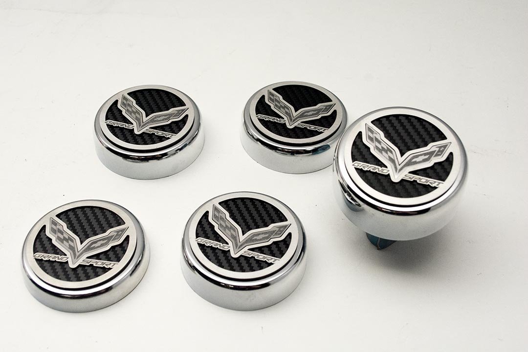 2017-2018 C7 Corvette Grand Sport Fluid Cap Cover Set Grand Sport Crossed Flag Etched 6pc Fits Manual Transmission