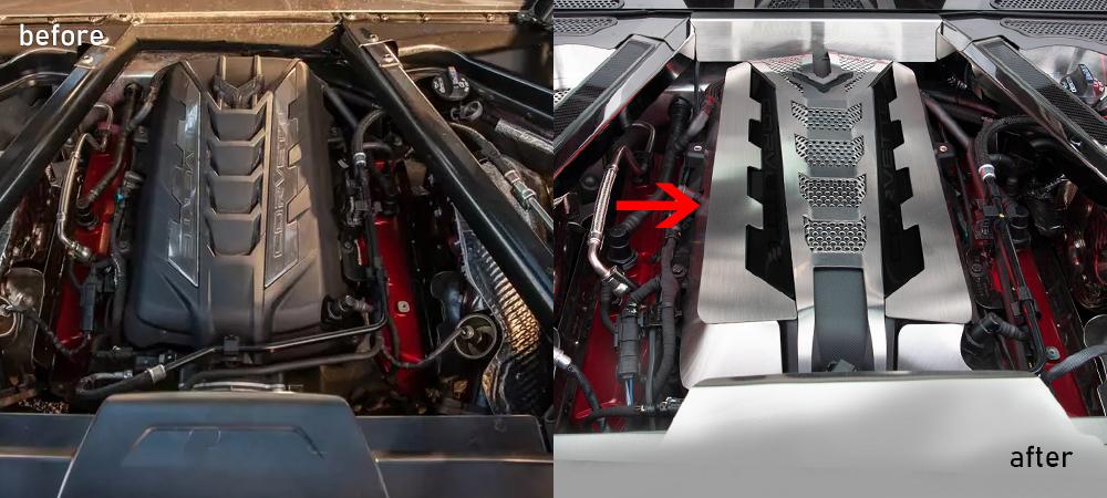 2020-2021 C8 Corvette 6pc Engine Shroud Kit Brushed w/Perforated Inserts 