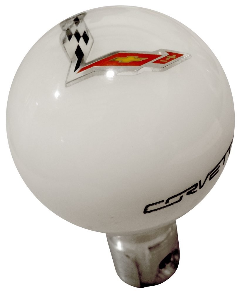 2014-2019 C7 Corvette White Shift Knob W/C7 Crossed Flags & Black Side Corvette Script