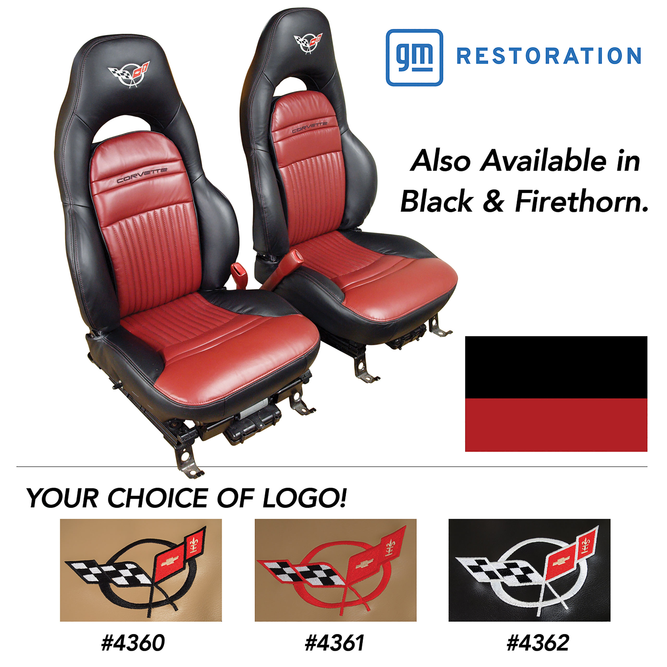 1997-2004 C5 Corvette 100% Leather Standard Seat Covers W/Crossflag Logo - Black & Firethorn