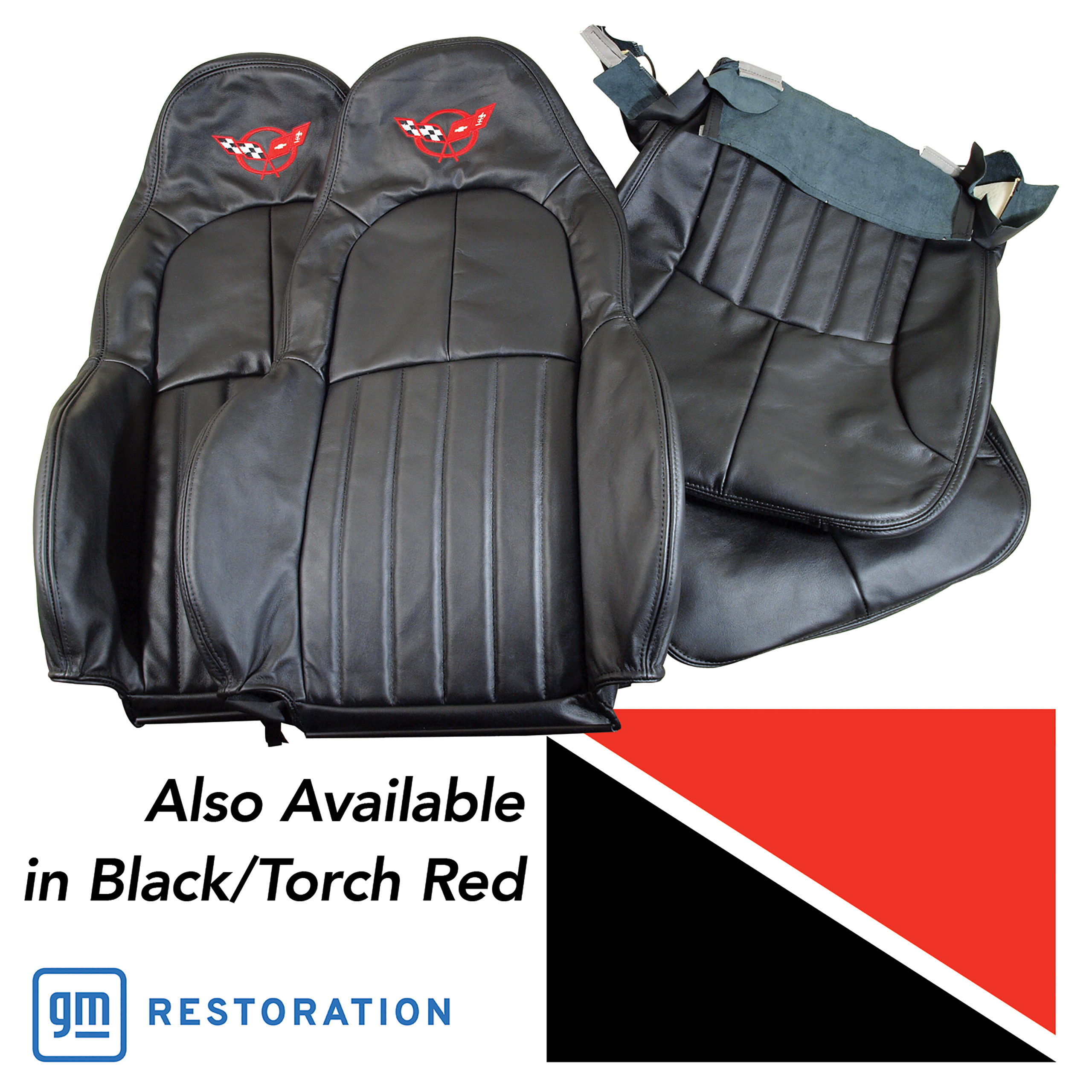 1997-2004 C5 Corvette 100% Leather Standard Seat Covers W/Crossflag Logo - Black & Torch Red