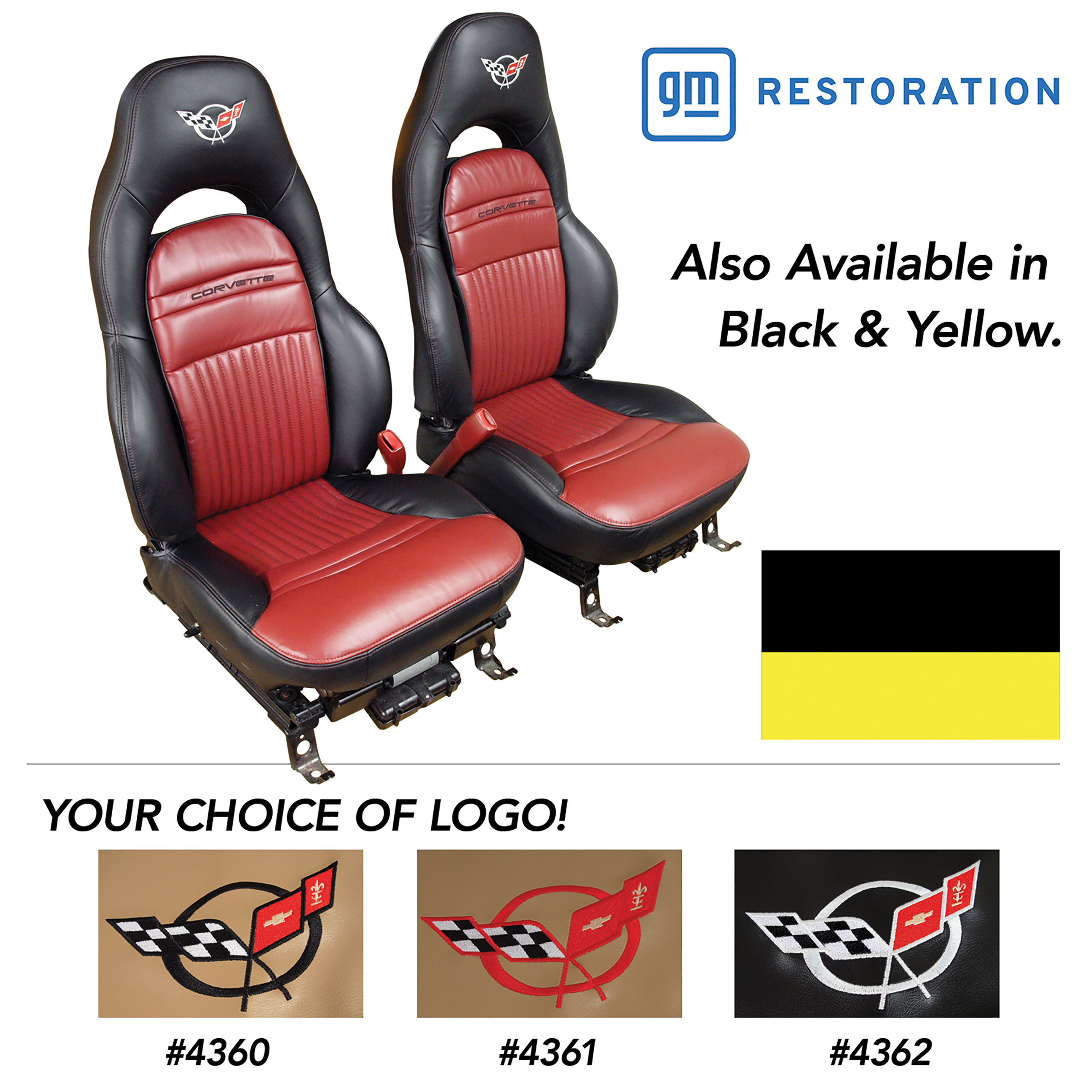 1997-2004 C5 Corvette 100% Leather Standard Seat Covers W/Crossflag Logo - Black & Yellow
