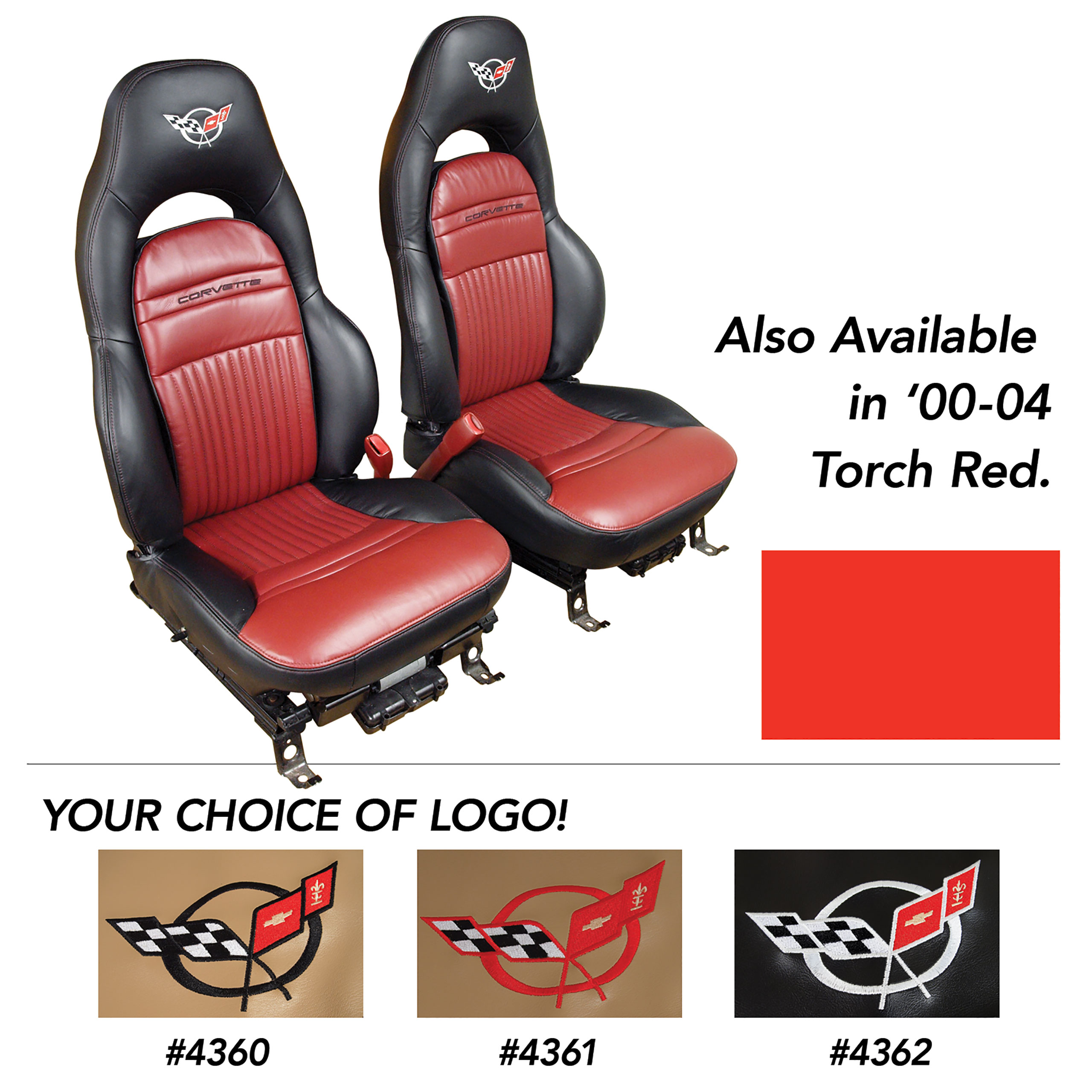 2000-2004 C5 Corvette Leather Sport Seat Covers W/Vinyl Trim/Crossflag Logo - Torch Red