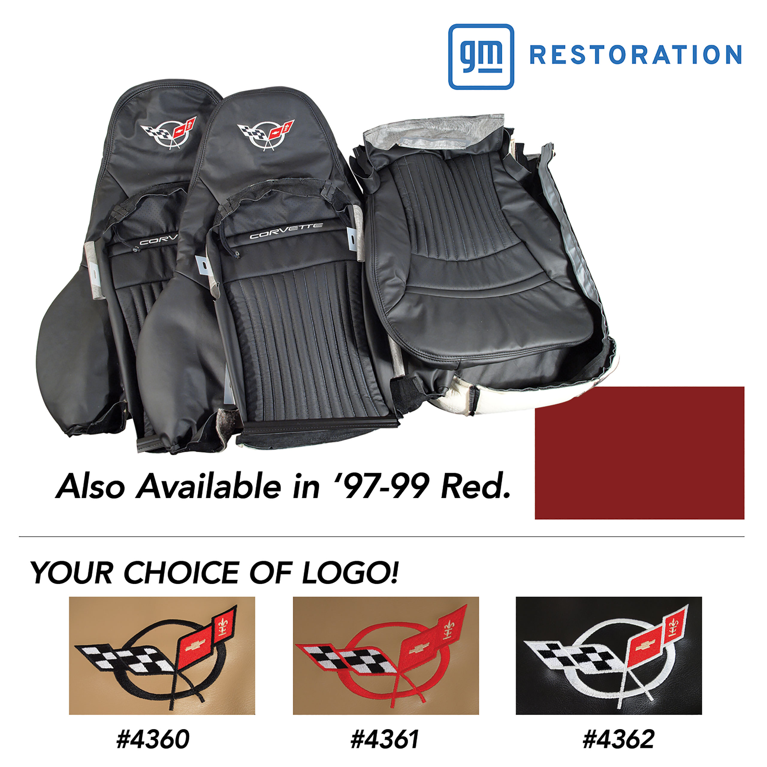 1997-1999 C5 Corvette Leather Standard Seat Covers W/Vinyl Trim/Crossflag Logo - Red