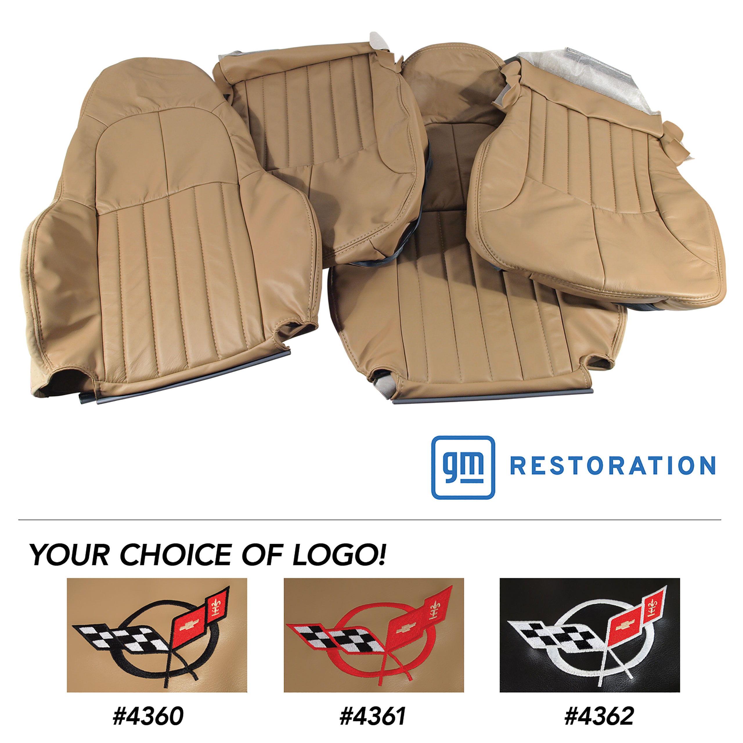 1998-2004 C5 Corvette Leather Standard Seat Covers W/Vinyl Trim/Crossflag Logo - Oak