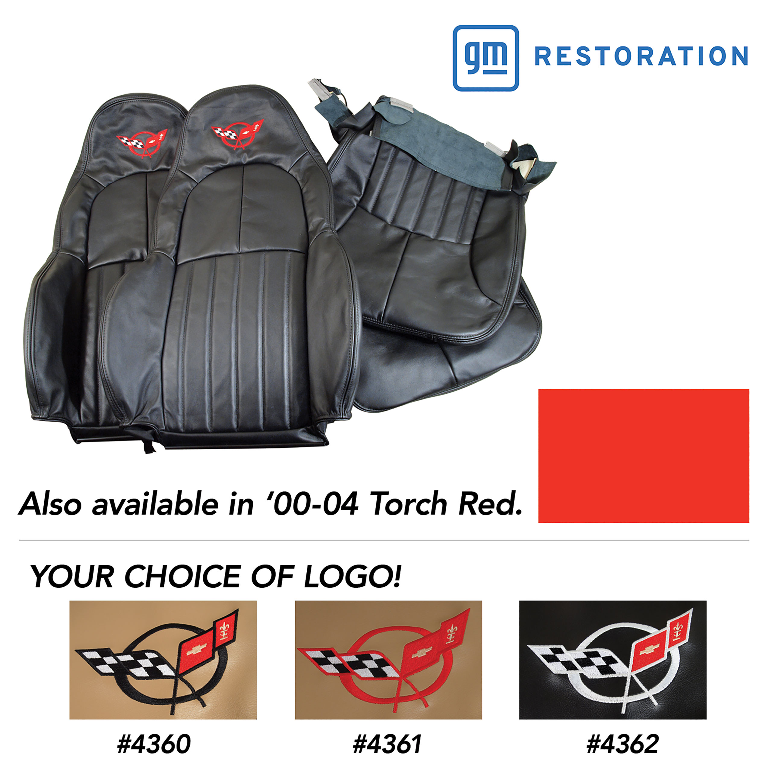 2000-2004 C5 Corvette 100% Leather Standard Seat Covers W/Crossflag Logo - Torch Red