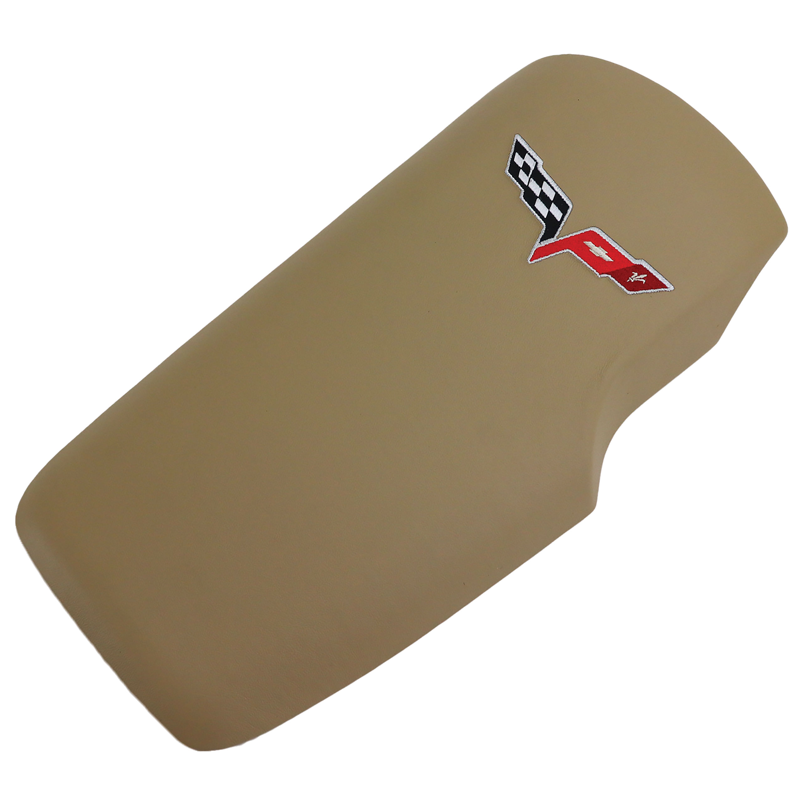 2005-2013 C6 Corvette Embroidered Console Lid In Cashmere W/Red Cross Flag Logo
