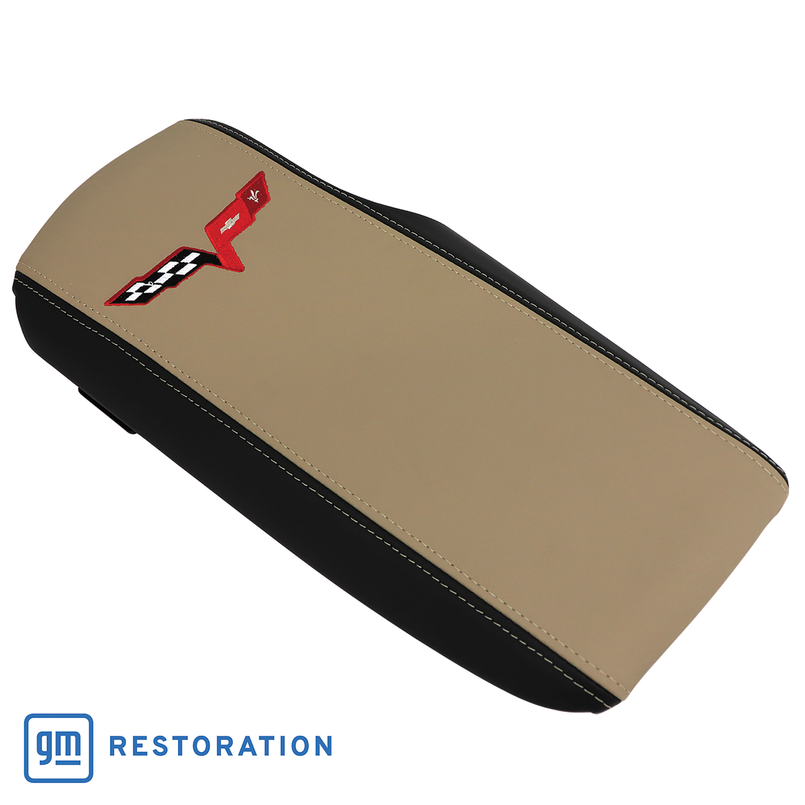 2005-2013 C6 Corvette Embroidered Console Lid In Ebony/Cashmere W/Red Cross Flag Logo