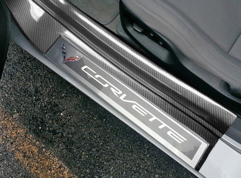 2014-2019 C7 Corvette Hydro Carbon Fiber Door Sill Guards Hydrocarbon Fiber W/Cutout - Gloss Finish