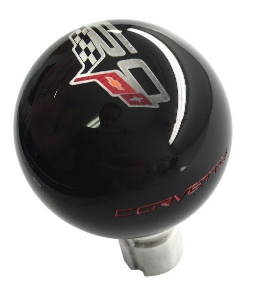 2005-2013 C6 Corvette Black Shift Knob W/60th Crossed Flags & Red Corvette Script