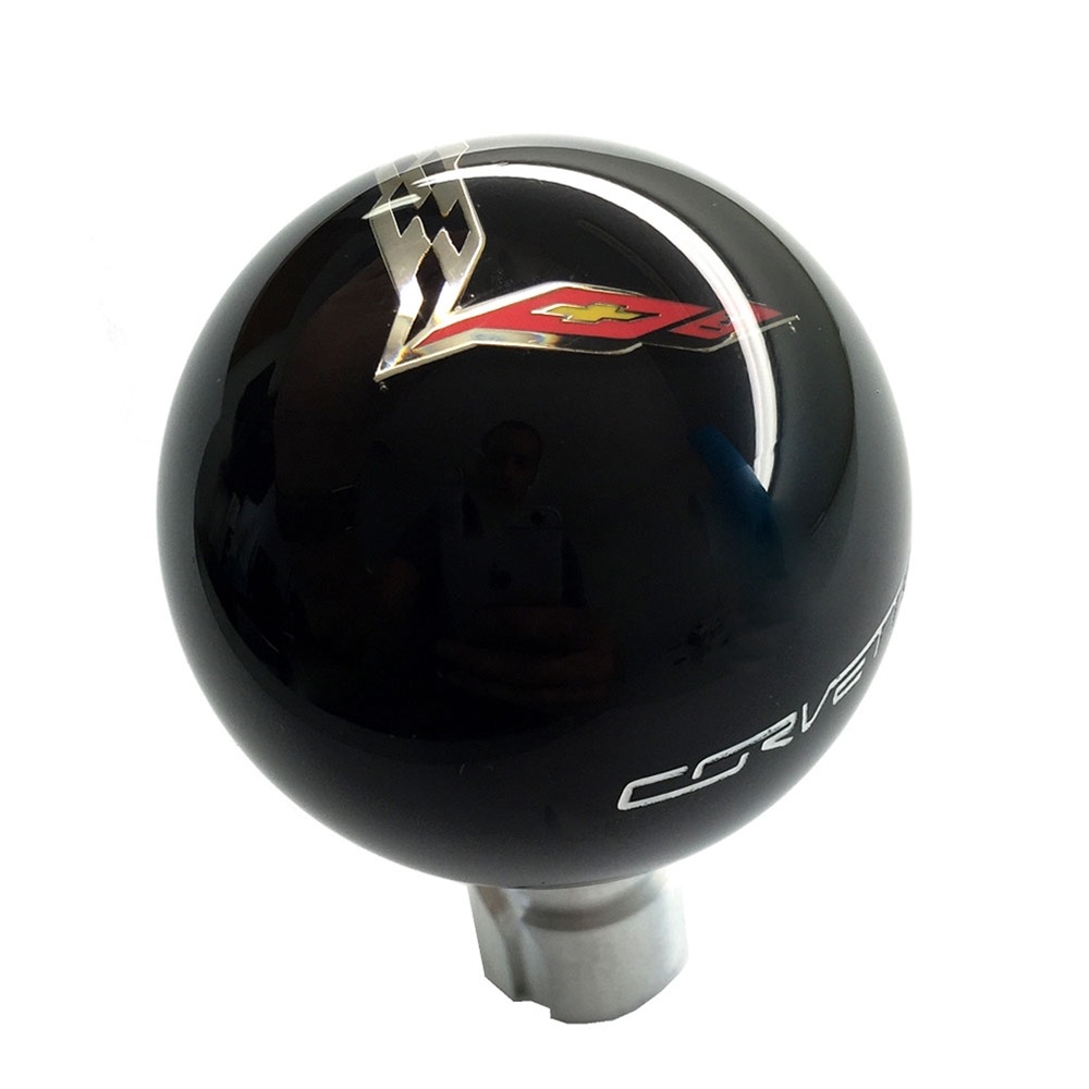 2014-2019 C7 Corvette Shift Knob w/C7 Cross Flags & Side Corvette Script - Black/White