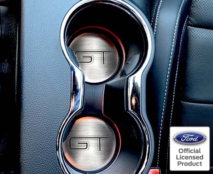 2015-2023 Mustang GT 'GT' Cup Holder Accent Plates 2Pc | Brushed Stainless Steel