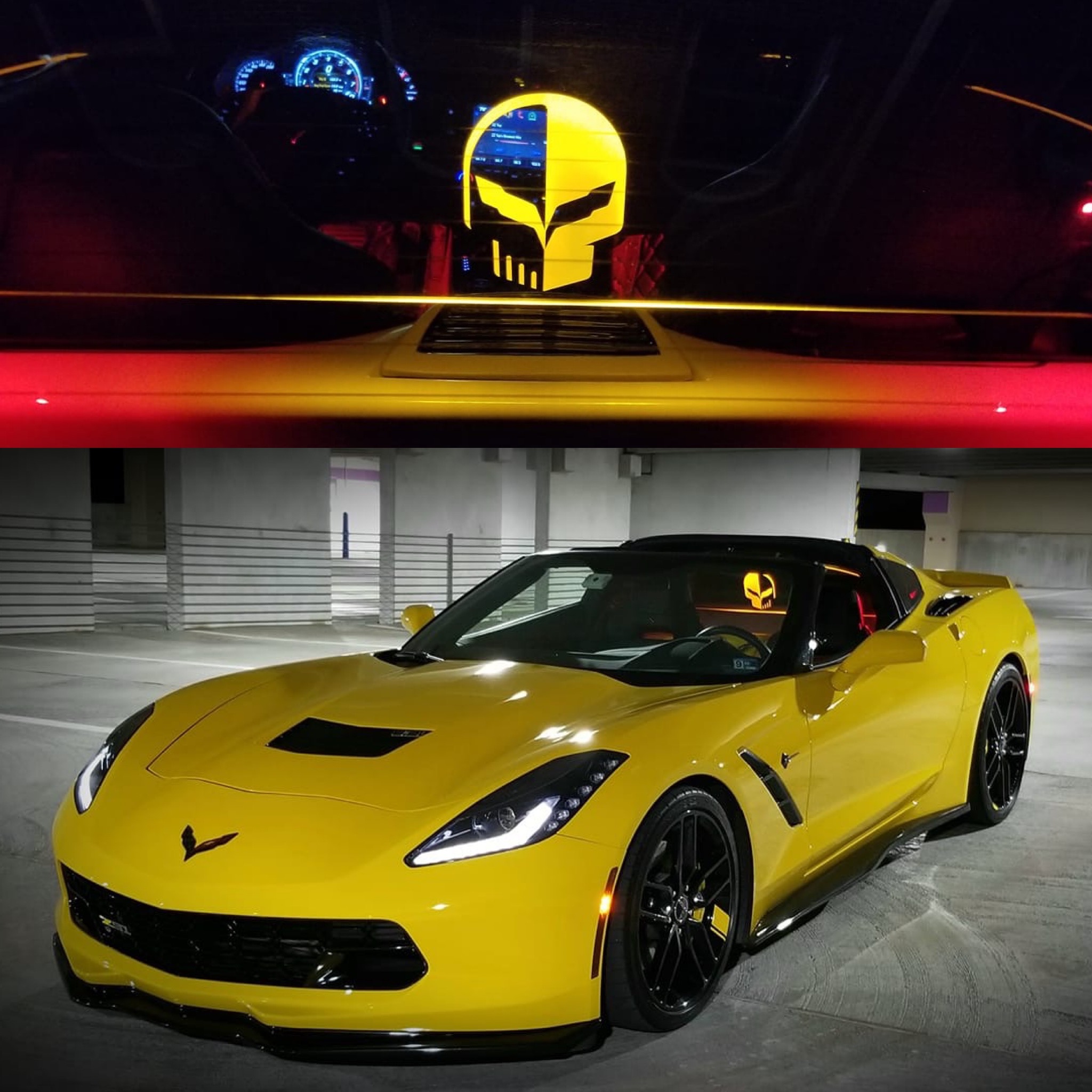 Present Chevrolet Corvette C7 Convertible with Orange Illuminated Laser Etched Grand Sport and C7 Flag Logo Graphic Wind Restrictor LED Wind Deflector for 2014 