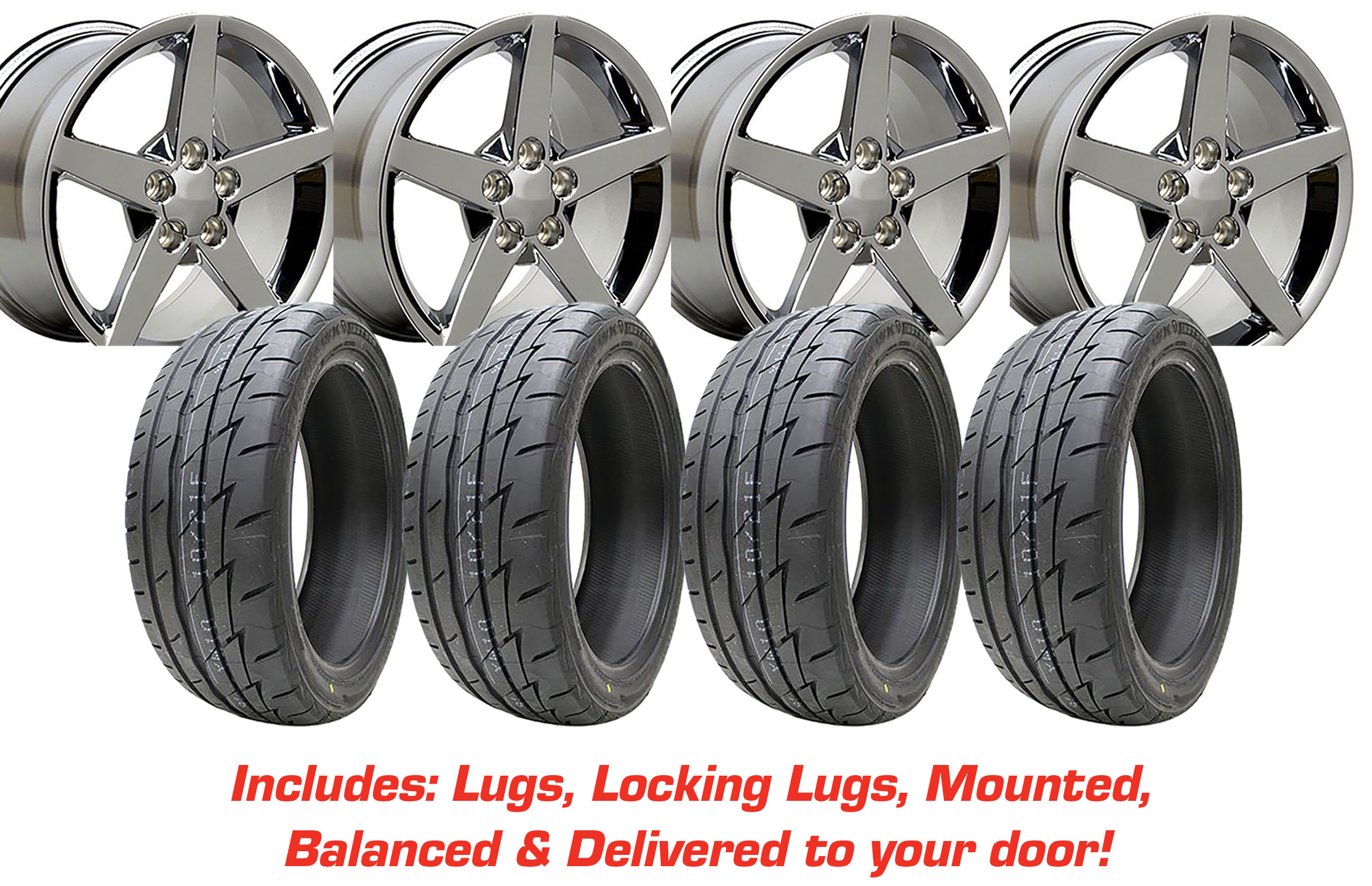 57118 Tire/Wheel Pkg C6 Base Chrome 5 Spoke W/Wide Fronts On Michelin Tires For 05-13 Corvette