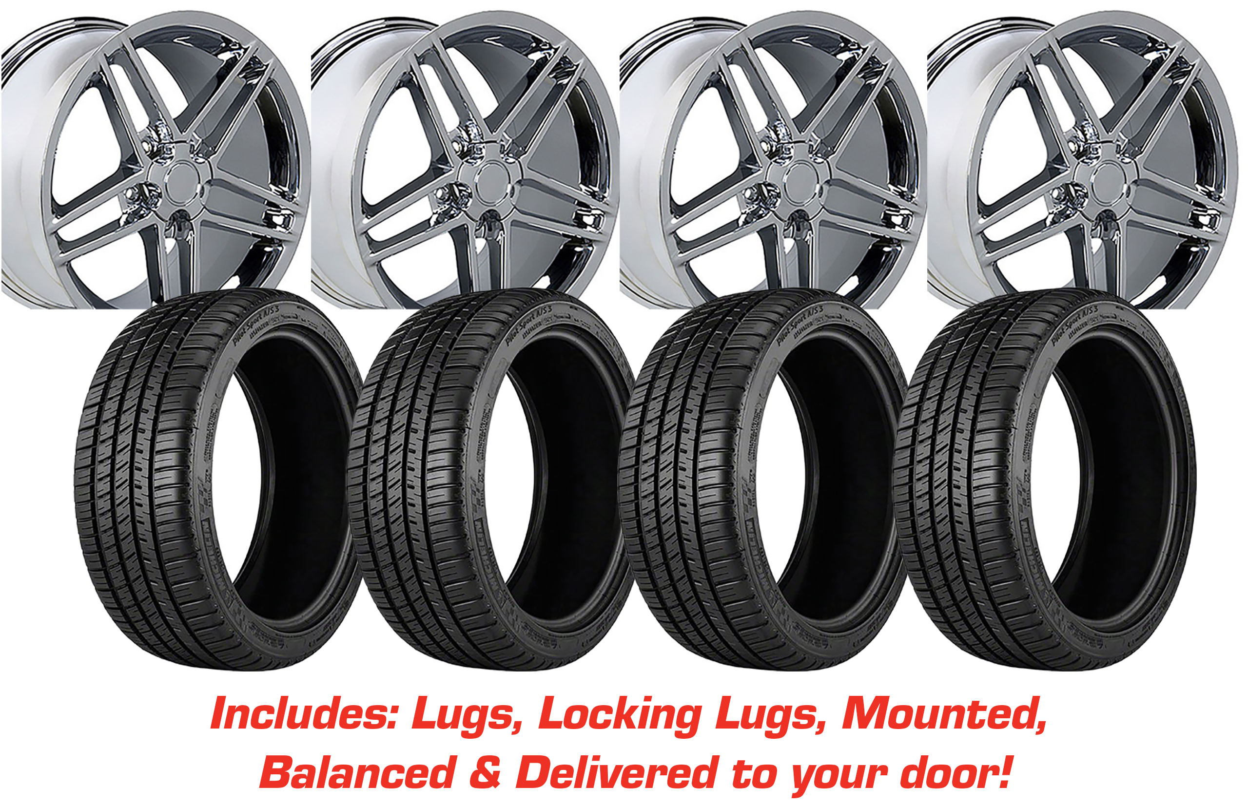 57121 Tire/Wheel Pkg C6 Z06 Split 5 Spoke Chrm W/Wide Fronts On Firestone Tires For 05-13 Corvette