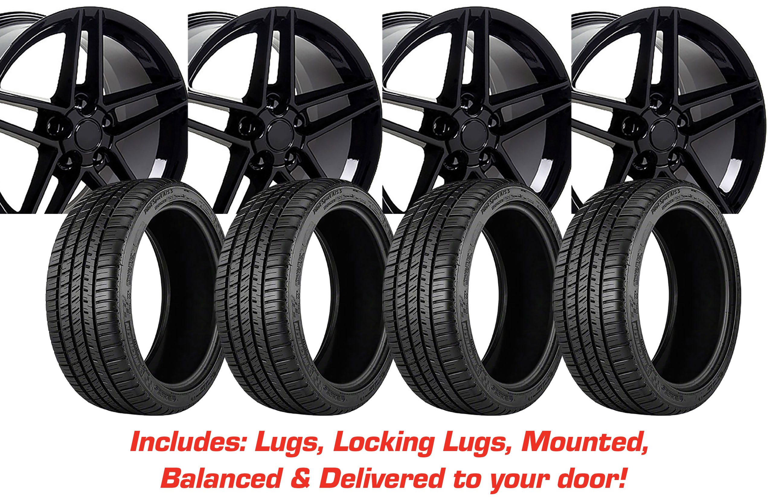 57125 Tire/Wheel Pkg C6 Z06 Split 5 Spoke Gloss Blk W/Red Stripe On Firestone Tires For 05-13 Corvette