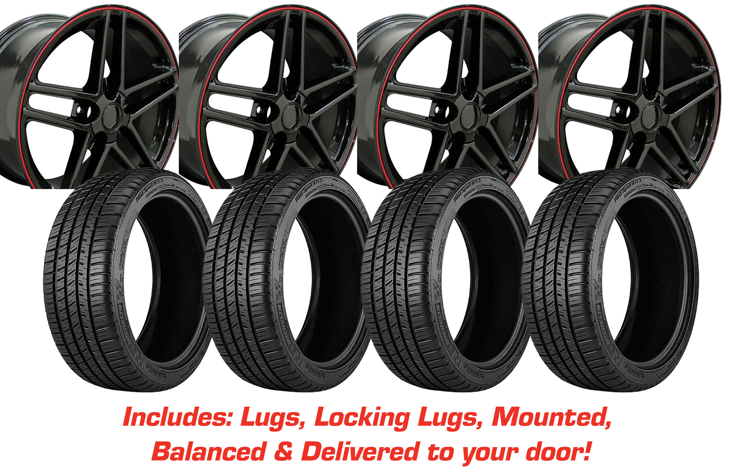 57123 Tire/Wheel Pkg C6 Z06 Split 5 Spk Gloss Blk W/Wide Fronts On Firestone Tires For 05-13 Corvette