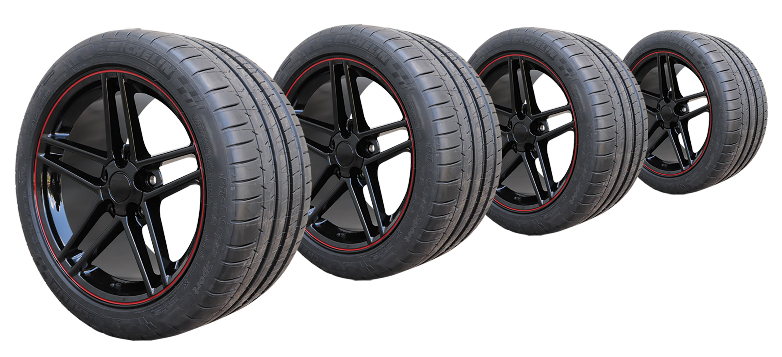57124 Tire/Wheel Pkg C6 Z06 Split 5 Spoke Gloss Blk W/Red Stripe On Michelin Tires For 05-13 Corvette