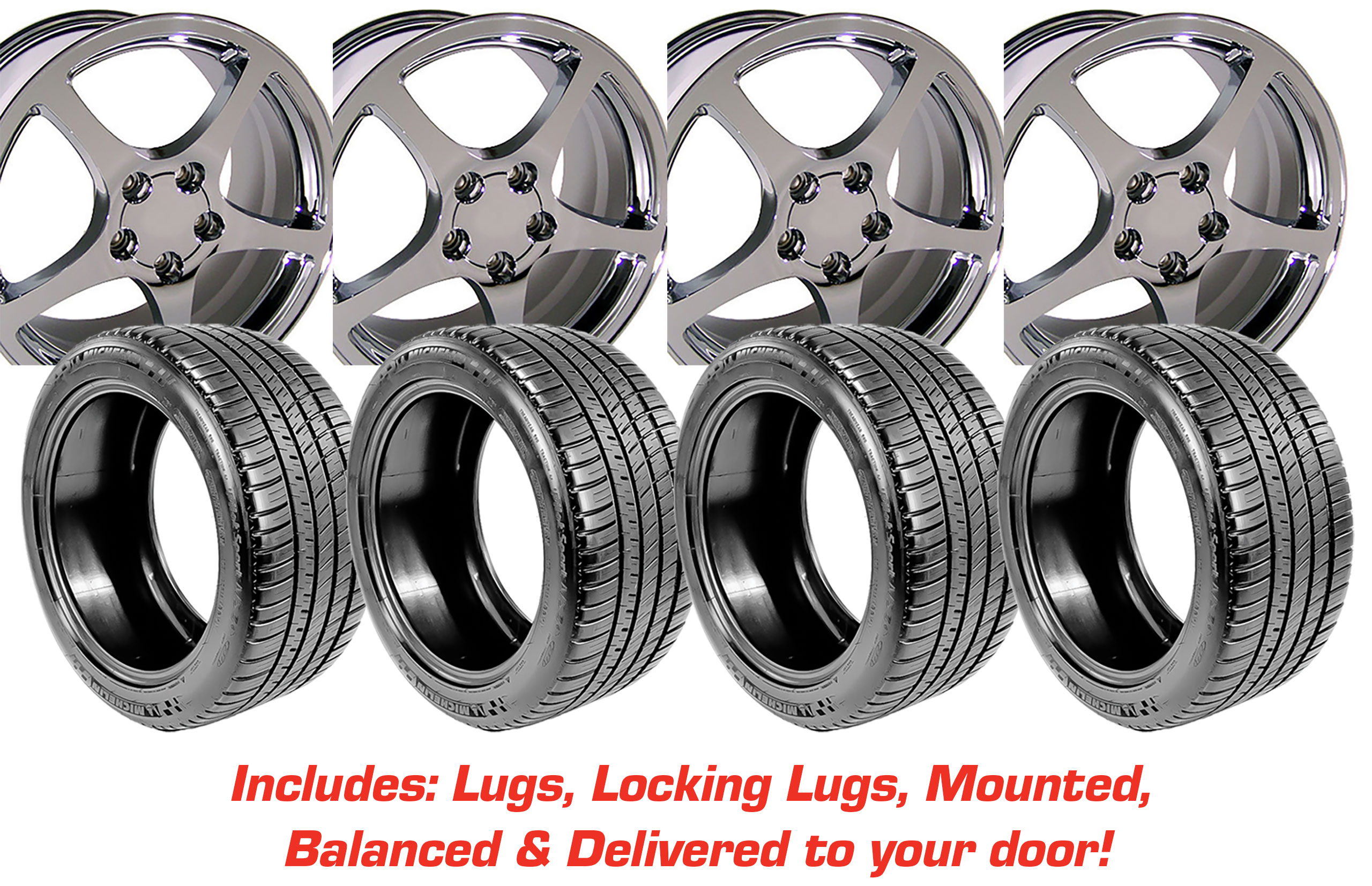 Tire/Wheel Pkg C5 Y2K Chrome Wheel Set on Michelin Runflat Tires For 1988-04 Corvette