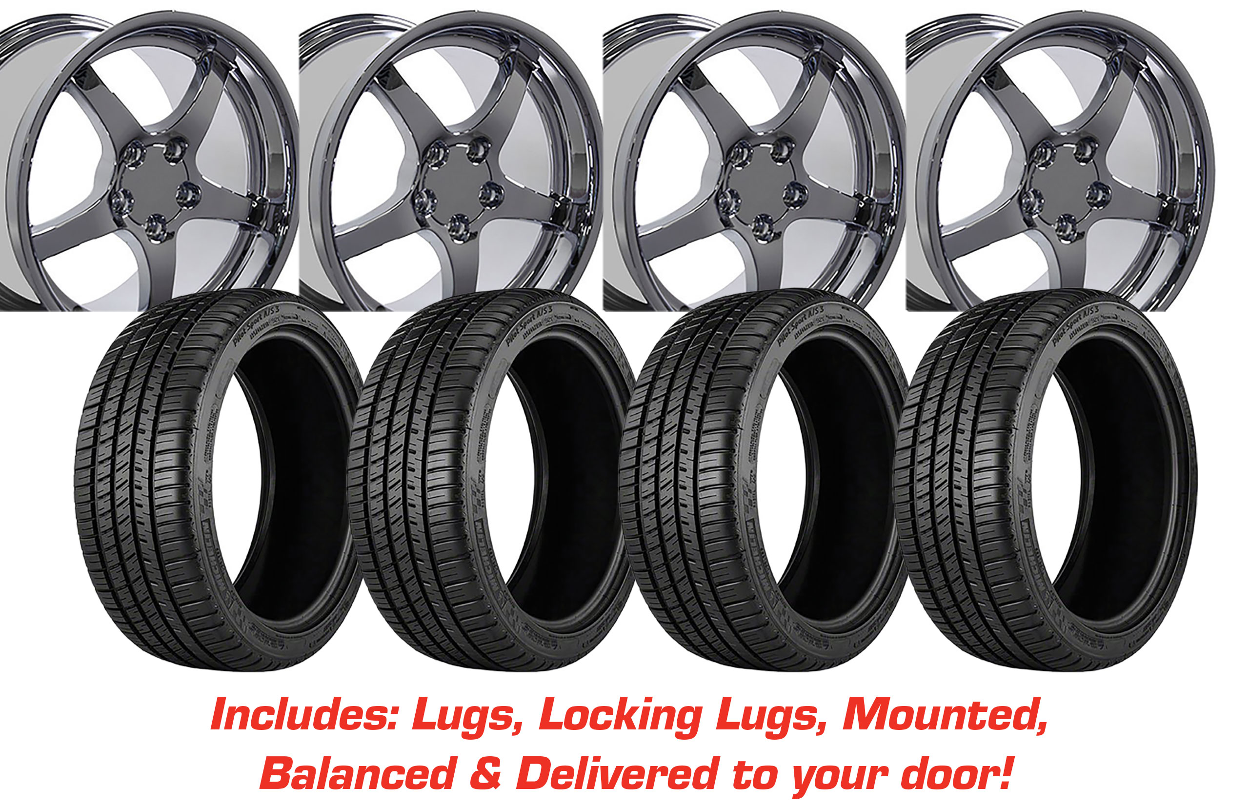 Tire/Wheel Pkg C5 Y2K Deep Dish Chrome Wheel Set On Michelin Tires For 1988-04 Corvette