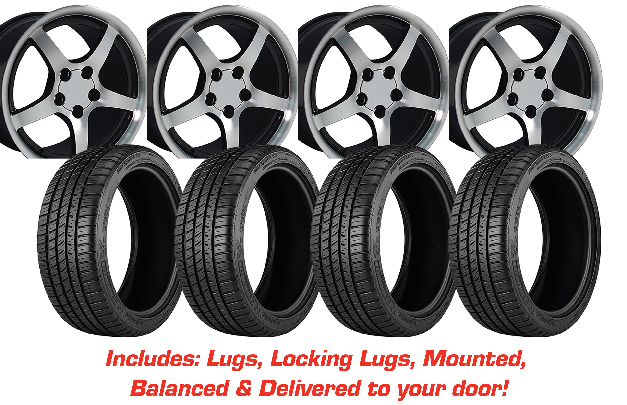 Tire/Wheel Pkg C5 Y2K Black Deep Dish W/Machined Face On Michelin Tires For 1988-04 Corvette
