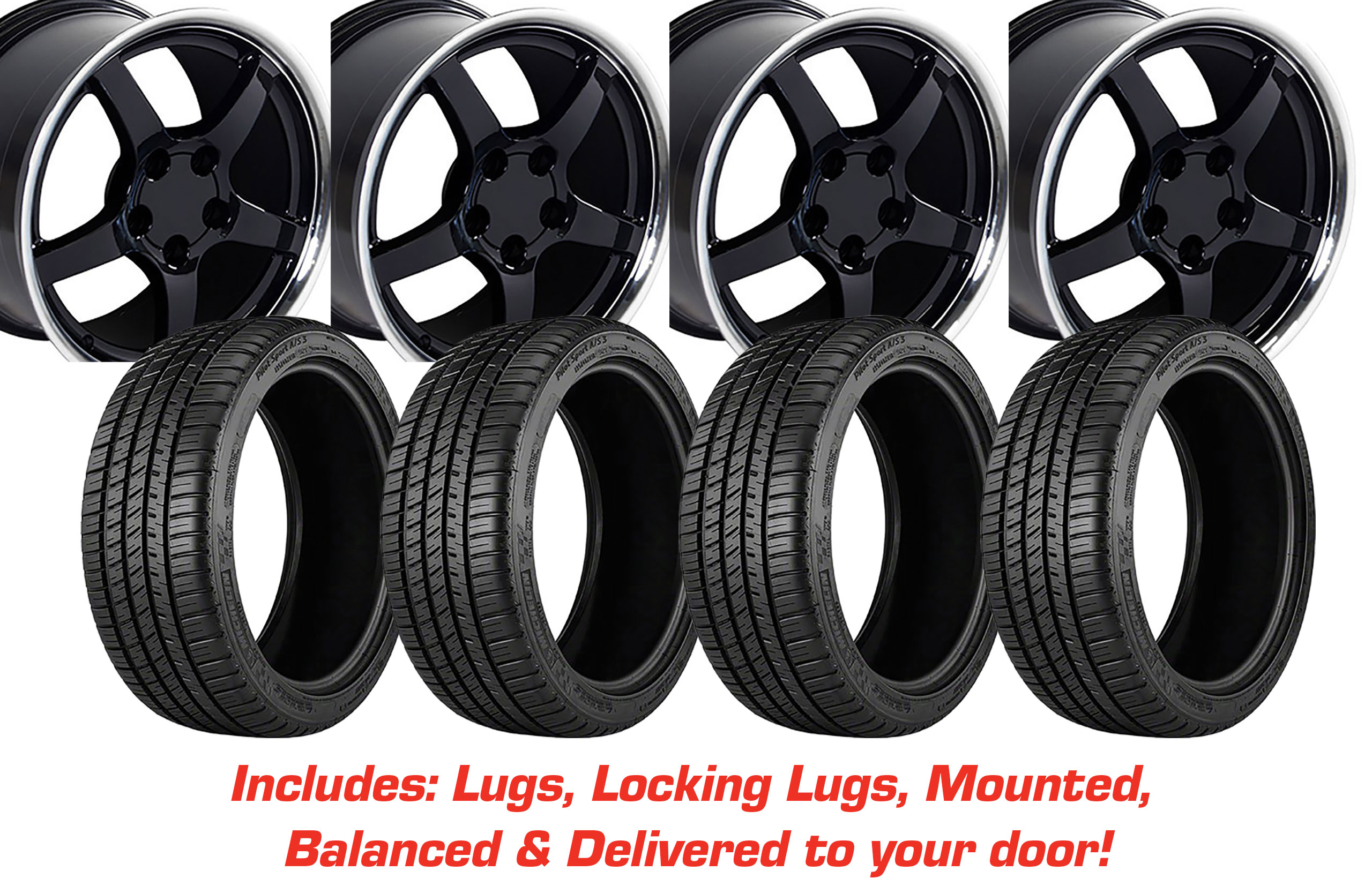 Tire/Wheel Pkg C5 Y2K Gloss Black Deep Dish W/Machined Lip On Michelin Tires For 1988-04 Corvette