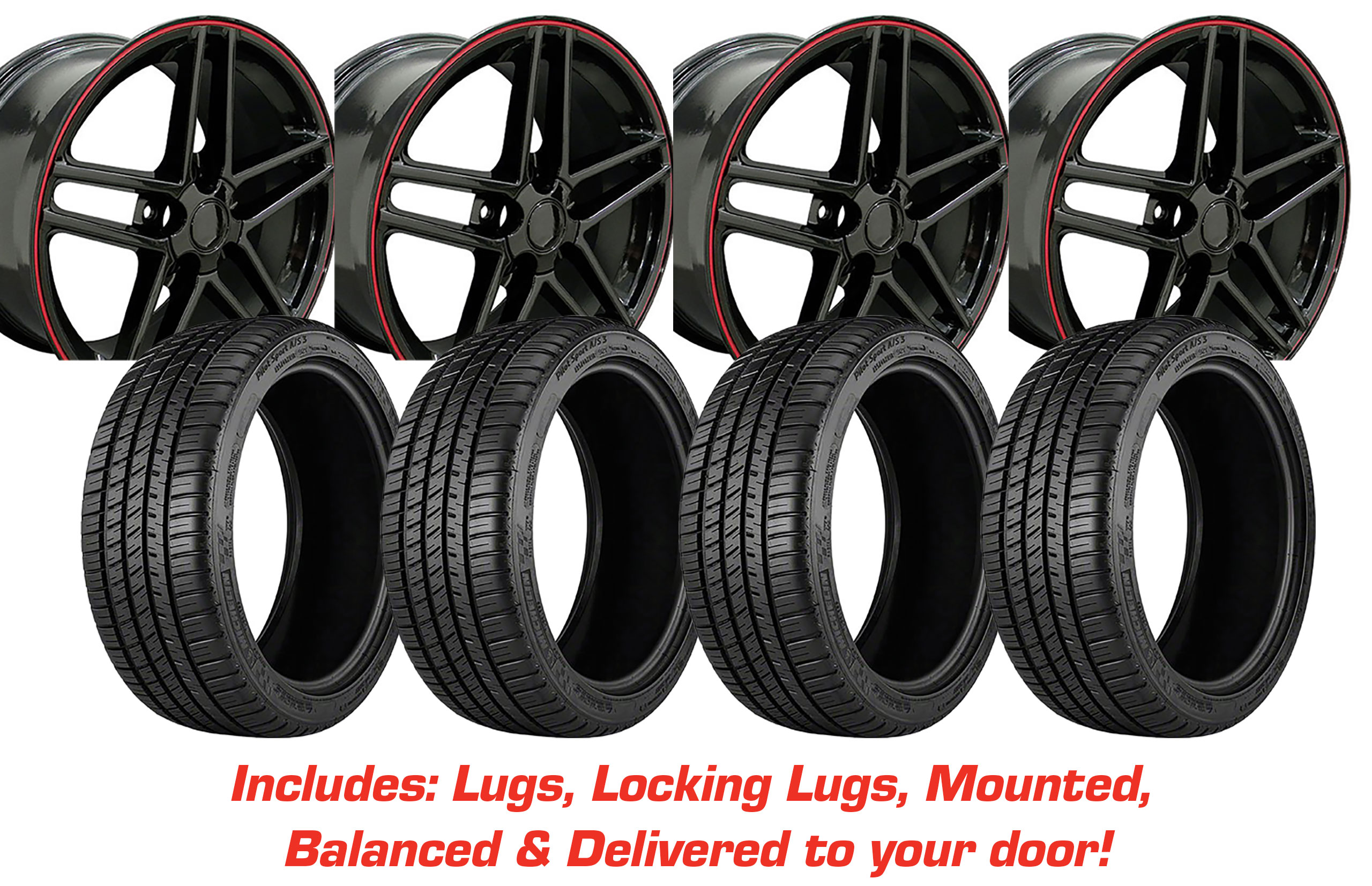 Tire/Wheel Pkg C6 Z06 Gloss Black W/Red Stripe On Michelin Tires For 1988-04 Corvette
