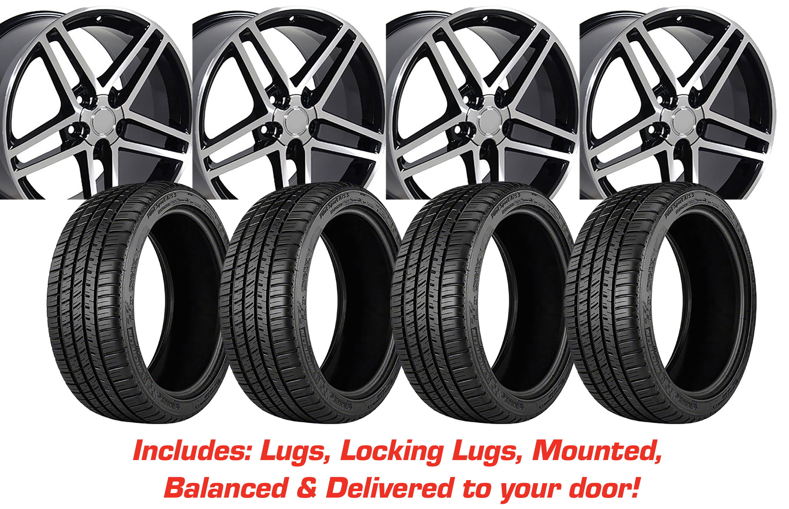 Tire/Wheel Pkg C6 Z06 Blck Machined Face Split W/Black Pocket W/Michelin Tires For 88-04 Corvette