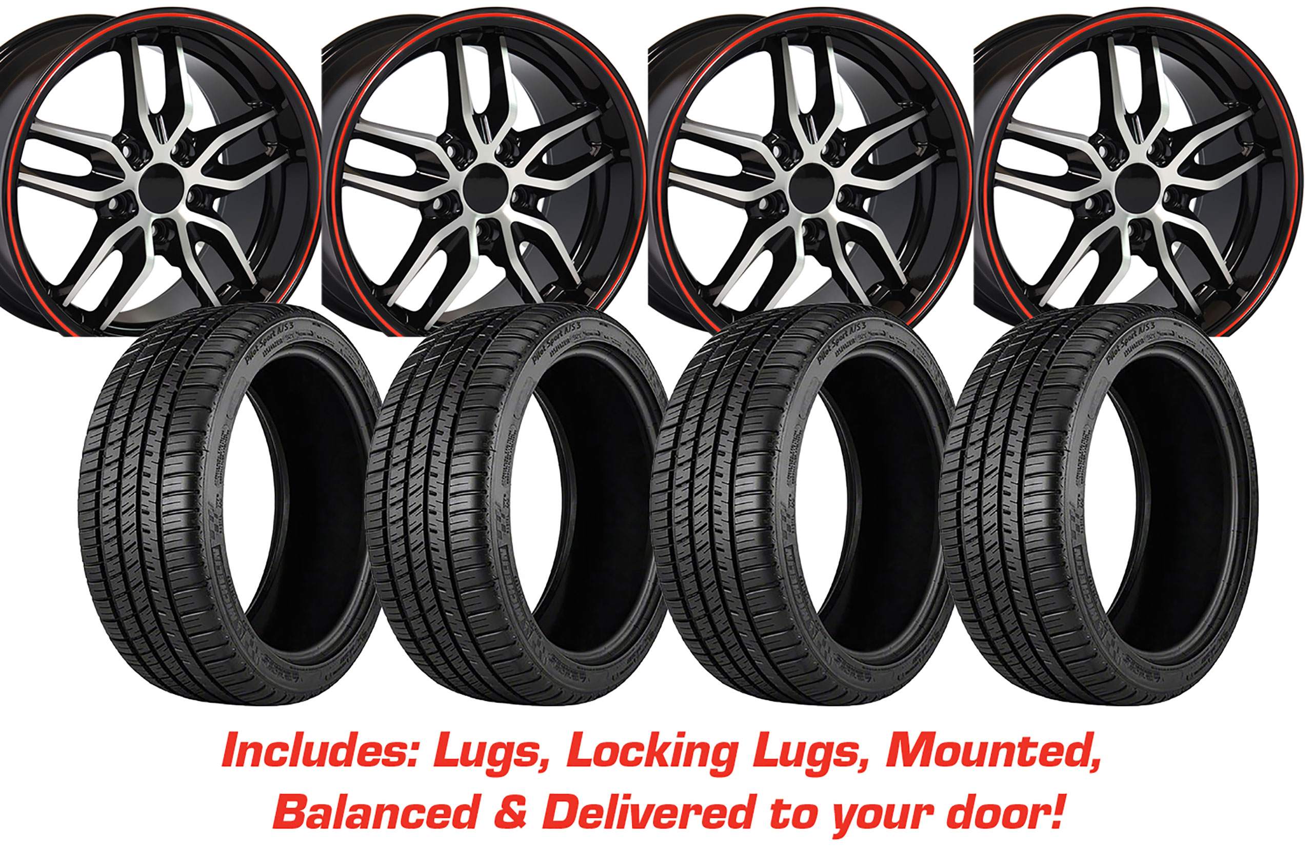 Tire/Wheel Pkg C7 Z51 Satin Black W/Machined Face & Red Stripe On Michelin Tires For 88-04 Corvette